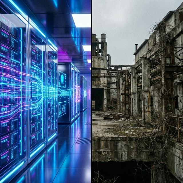 【升维视野】《金融周期与变异密码:破除信息迷雾,重塑顶级认知》(下篇) 画面一分为二:一半是发光的超级数据中心,另一半是废土般衰败的实体街区
