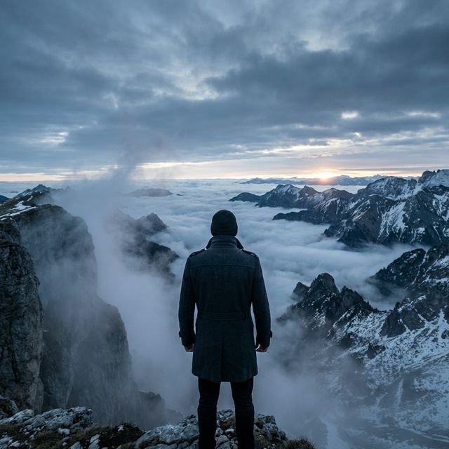 【升维视野】《金融周期与变异密码:破除信息迷雾,重塑顶级认知》(下篇) 一位身穿考究风衣的背影,站在高耸崖壁之巅俯瞰浩瀚无涯的雪山云海